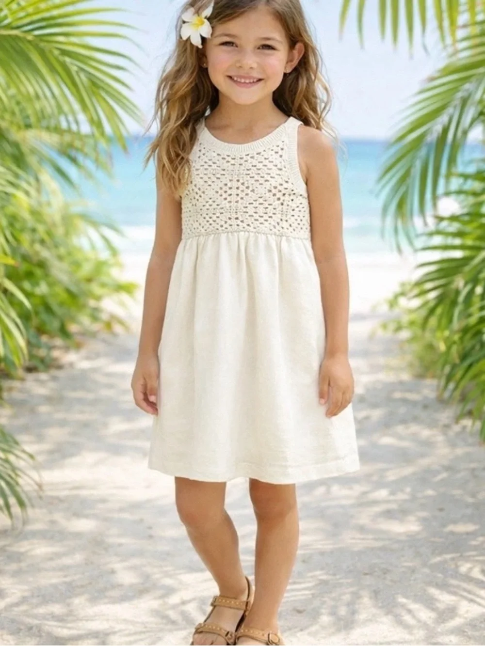 Crewcuts J Crew Girl's Crochet Combo Dress M 8-9 Beige Sleeveless Lined